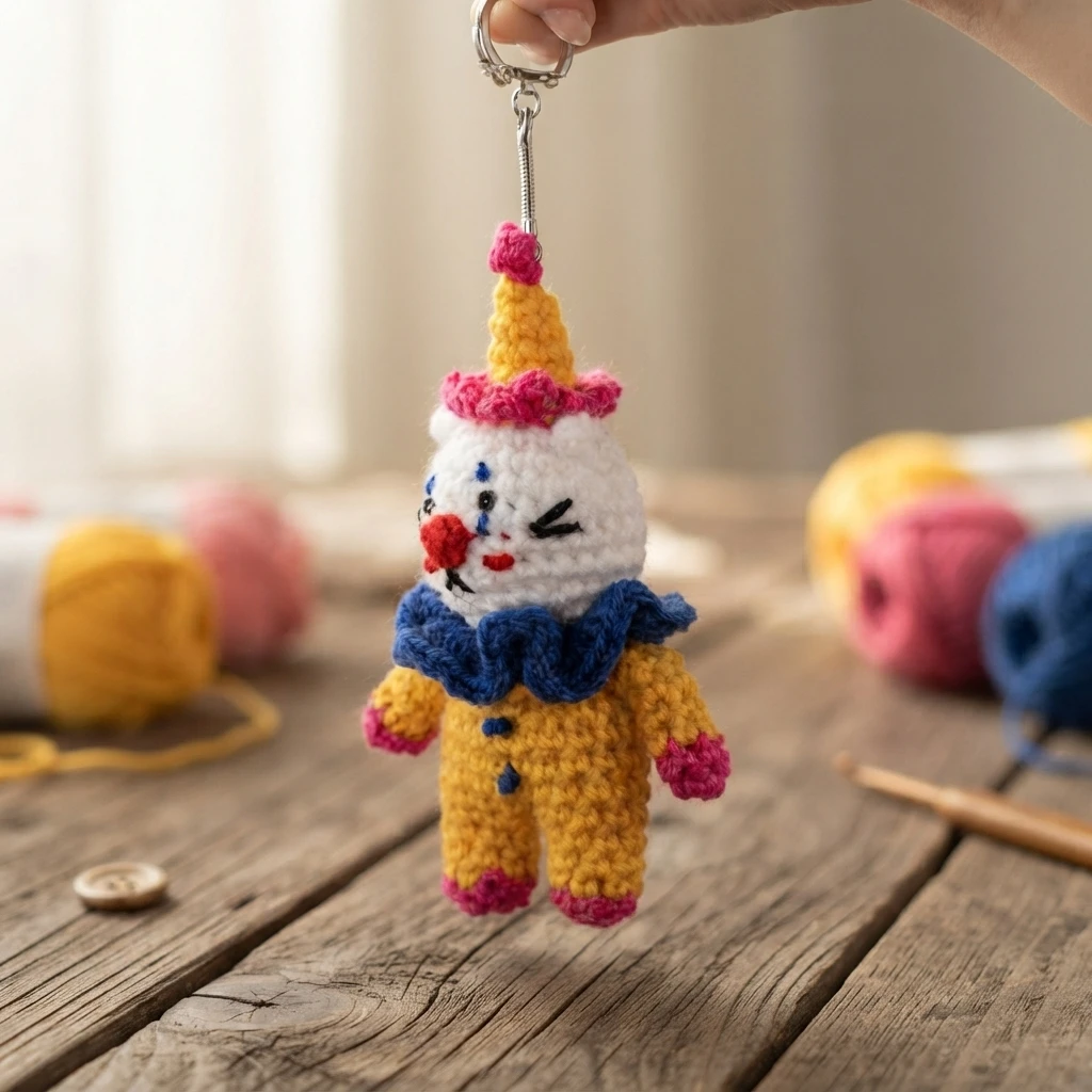 Crocheted cat clown charm in yellow, white, blue and pink yarn with a ruffled blue collar and pointed hat, held by a hand from a silver keychain ring