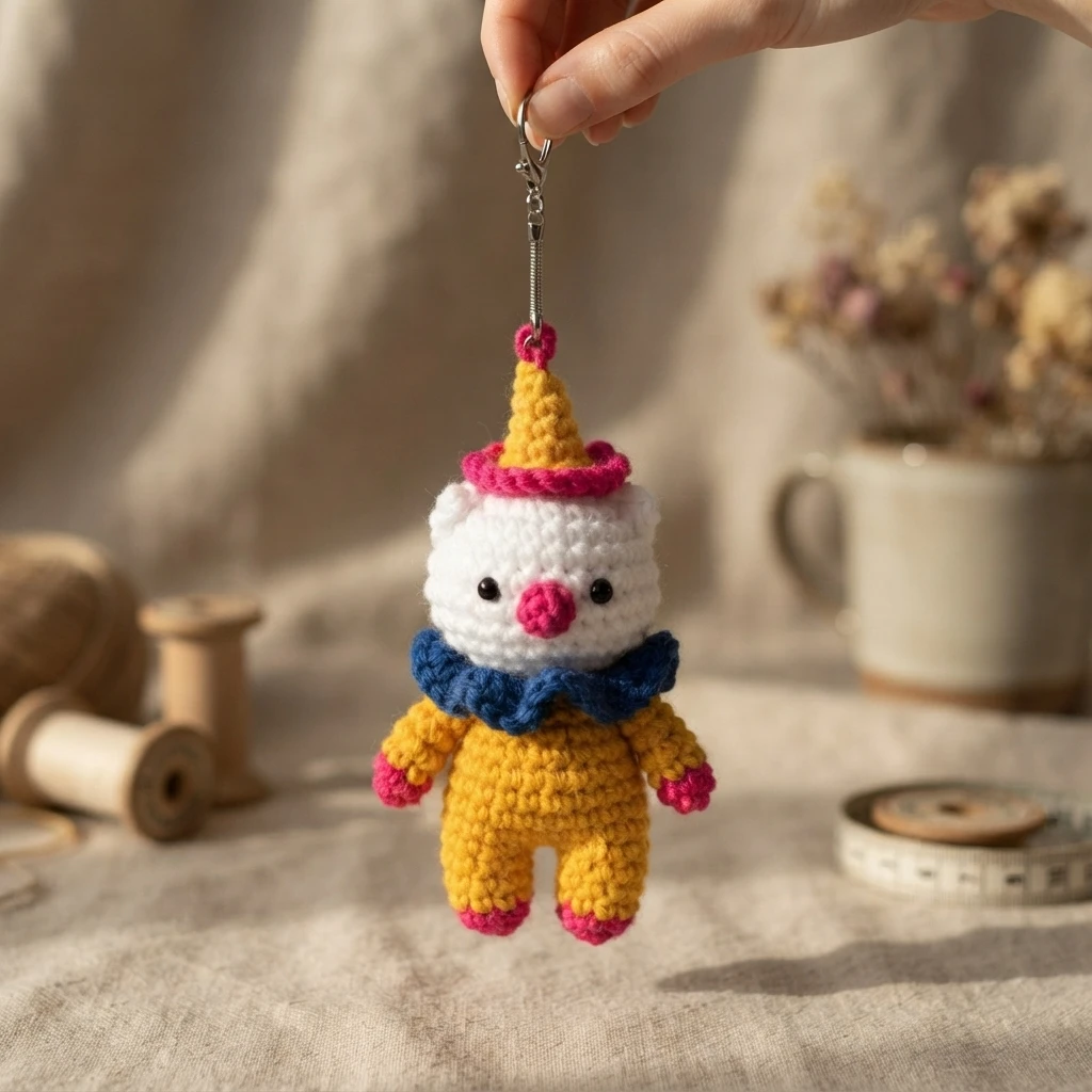 Hand holding a crocheted white cat charm by a metal keychain clip: yellow cone hat with pink trim, blue ruffled collar, yellow body with pink paw tips, shown above a styled tabletop with thread spools and a mug.