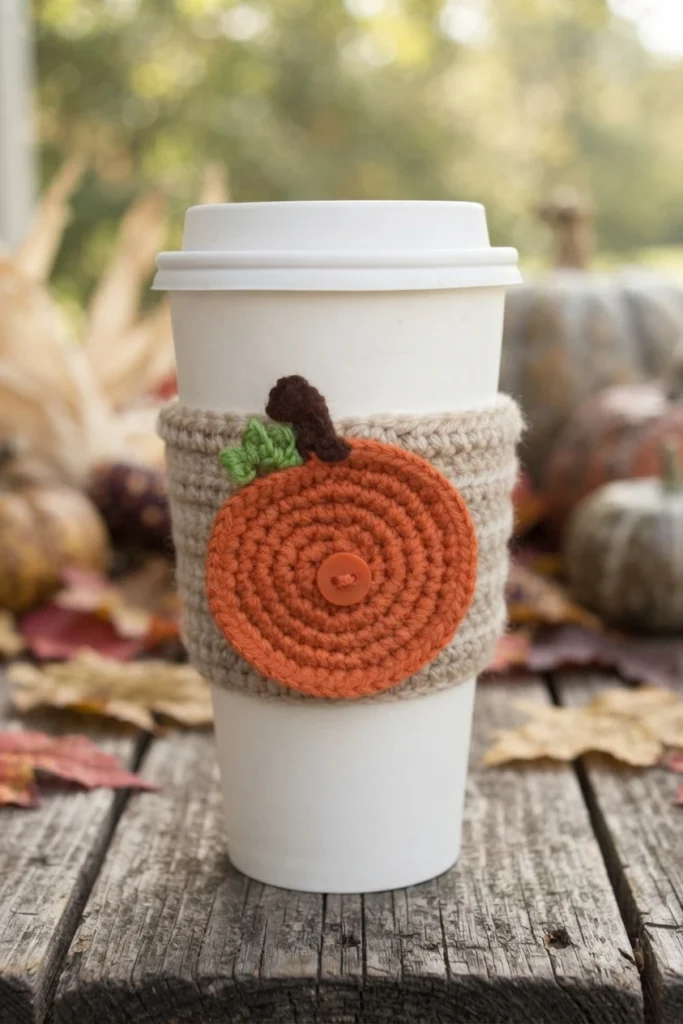 White paper coffee cup wrapped in a tan crocheted sleeve, with an orange crocheted pumpkin button-on appliqué centred by an orange button and topped with a brown stem and green leaves, resting on weathered wood with autumn leaves and pumpki