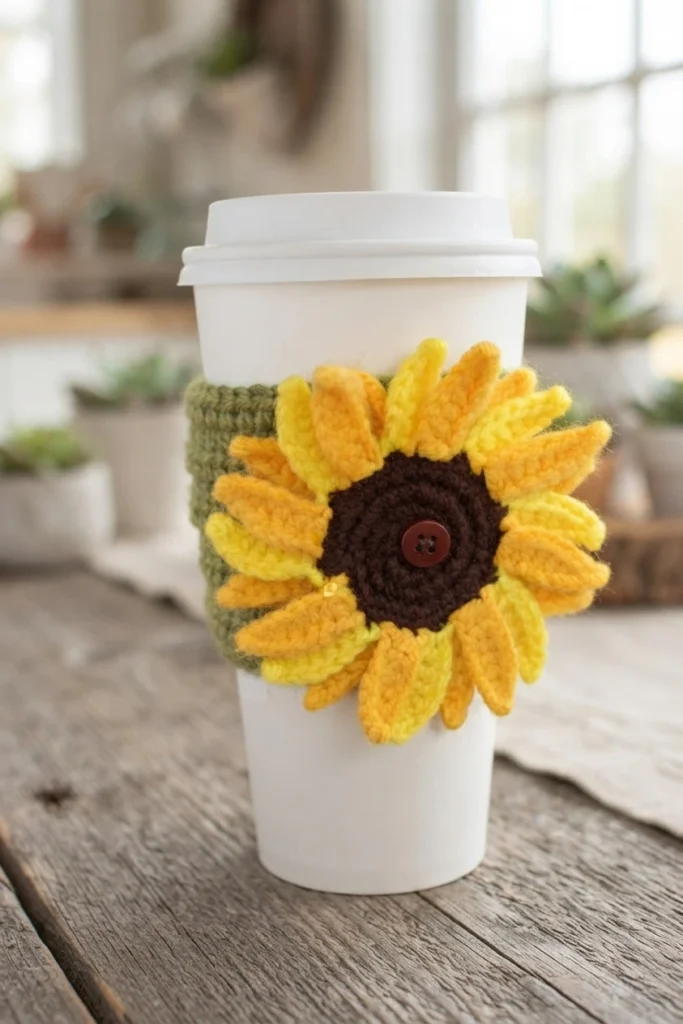 White lidded takeaway cup wrapped in a green crocheted sleeve, with a crocheted sunflower appliqué whose yellow petals surround a dark brown center and a brown button, standing on a wooden table with blurred plants behind.