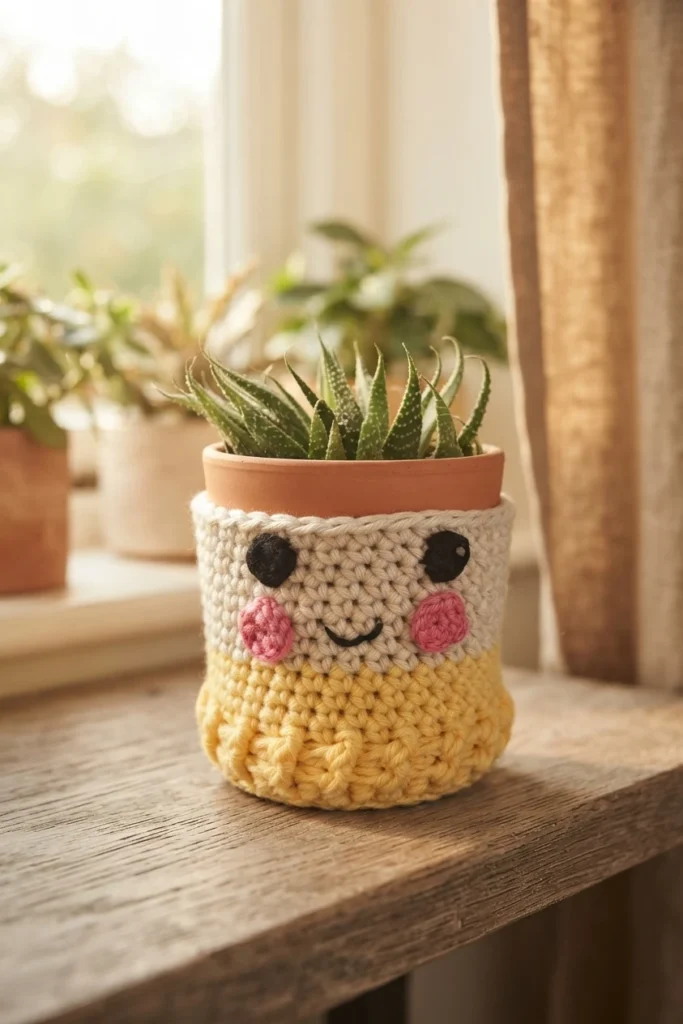 A yellow and cream crocheted plant pot cover with pink cheeks and a smiling face surrounds a terracotta pot holding a spiky green plant.