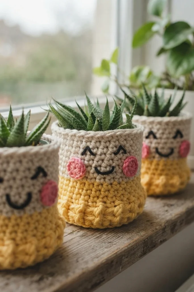 Trois cache-pots crochetés, jaunes et crème, avec des joues roses et des visages souriants, contenant des plantes succulentes.