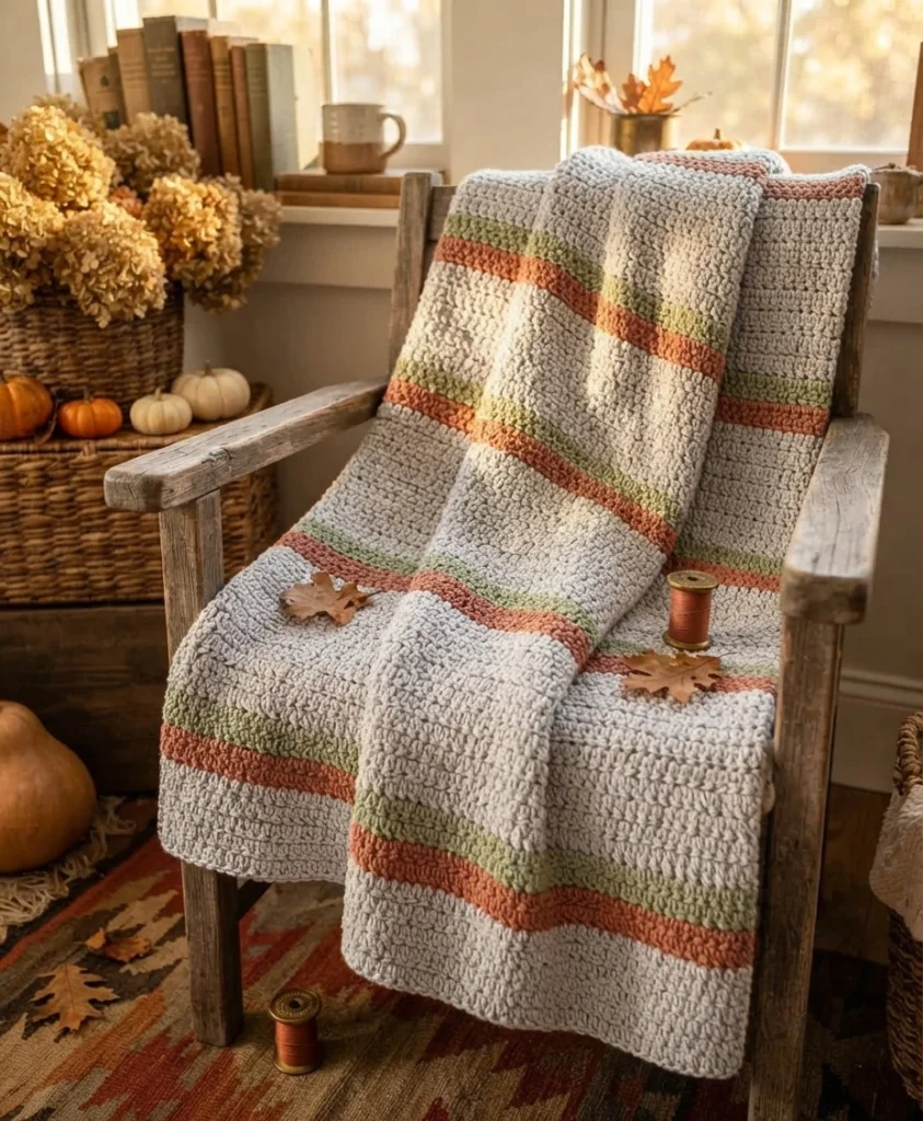 A gray crocheted blanket with sage green and terracotta stripes draped over a wooden chair in an autumn setting.