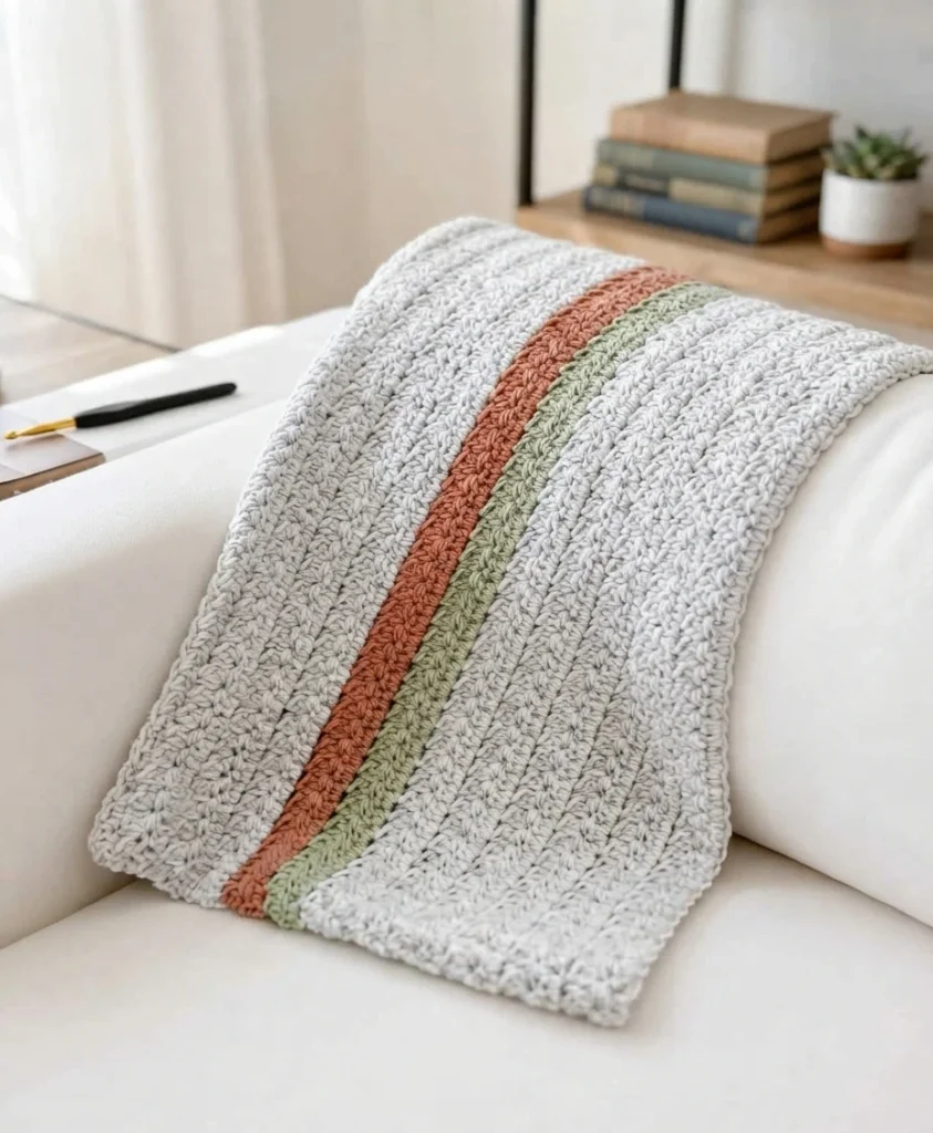 Plaid crocheté gris clair avec une bande rouille et une bande vert sauge, drapé sur un fauteuil blanc, avec un crochet posé à côté.