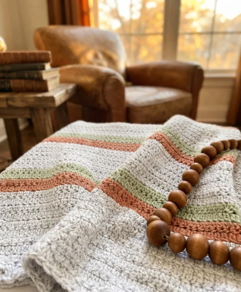 Couverture crochetée à larges rayures crème, vert sauge et terre cuite, drapée au premier plan avec une guirlande de perles en bois.