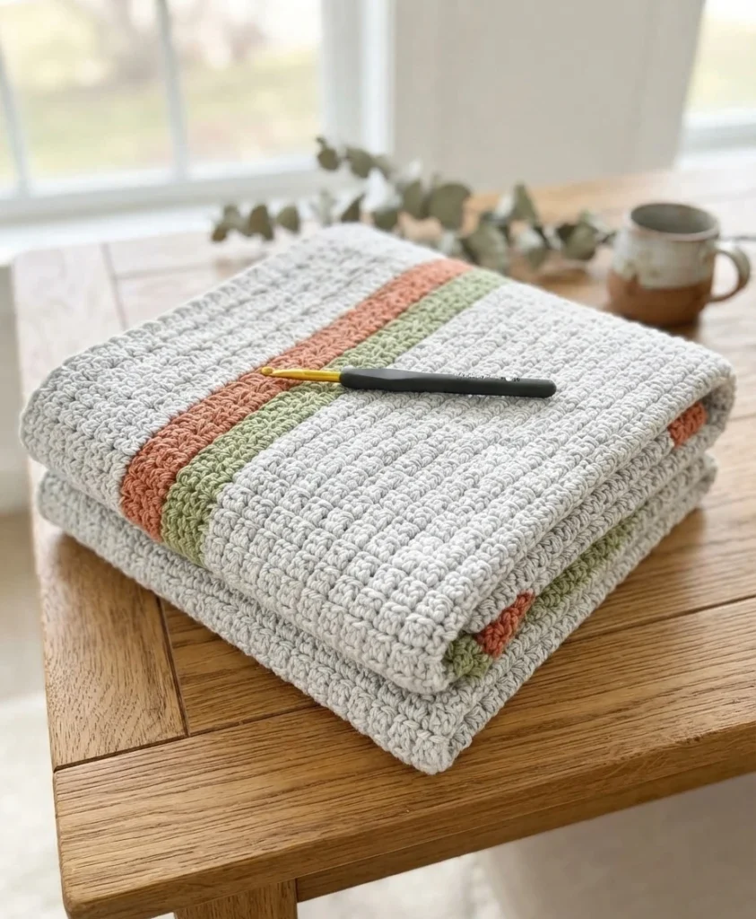 Folded cream crochet blanket with green and rust stripes and a crochet hook resting on top, on a wooden table.