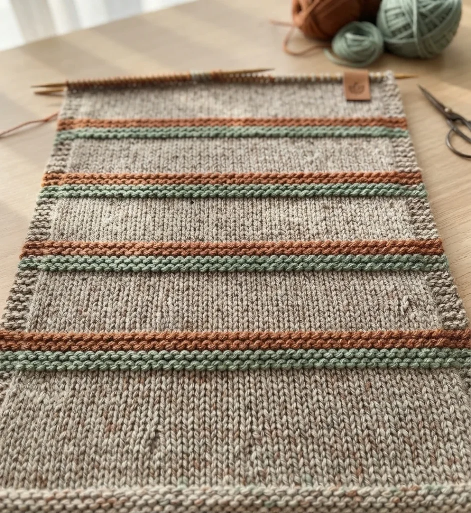 A striped gray, rust, and sage-green knitted piece on needles, with yarn balls and scissors nearby.