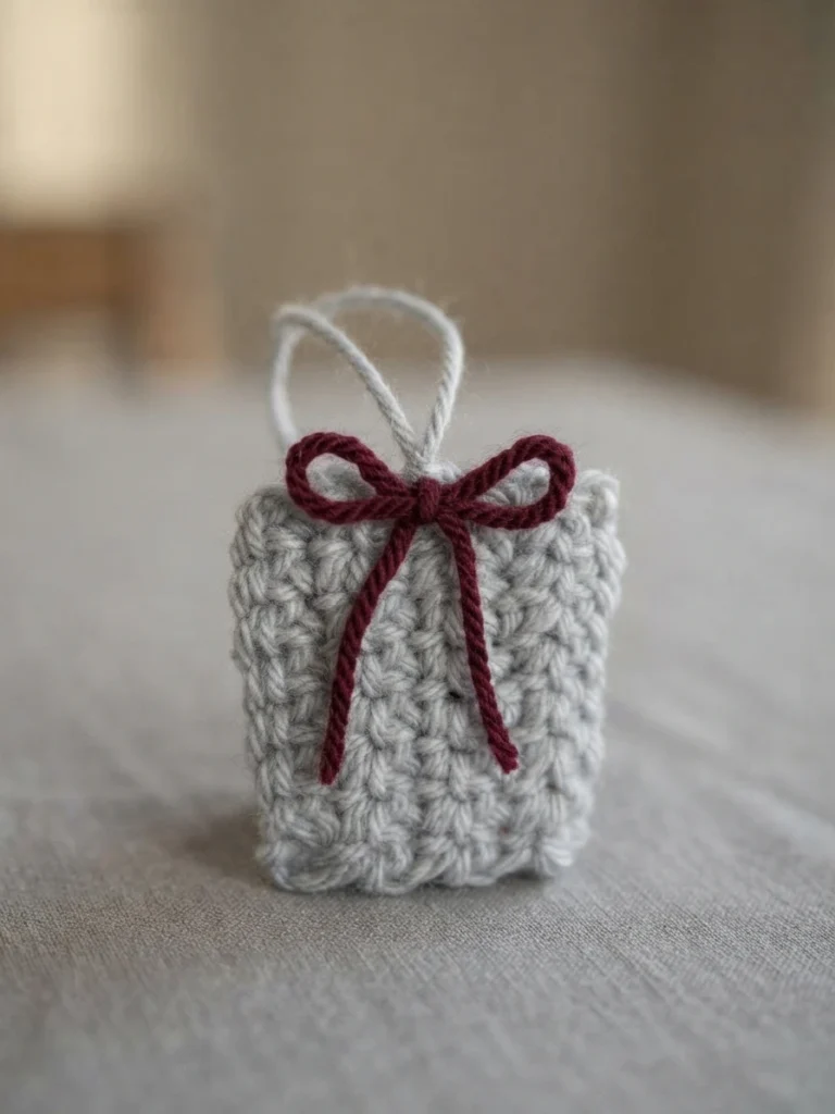 Small light gray crocheted present ornament with a burgundy bow and hanging loop, standing on a neutral surface.