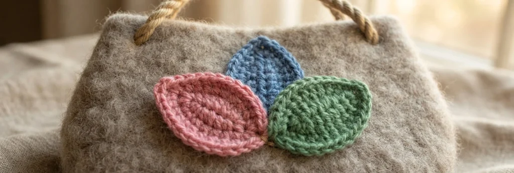 A gray felted crochet handbag with twisted rope handles and pink, blue, and green leaf appliqués.