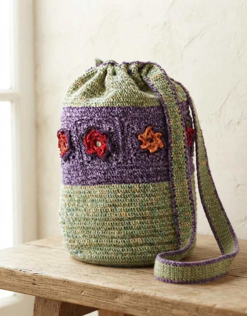 A green and purple crocheted bag with a gathered top, a long shoulder strap, and orange and red flower appliqués.