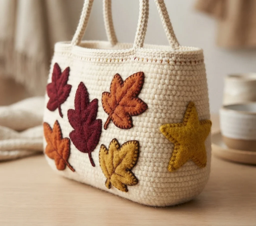 Sac fourre-tout crocheté crème avec des anses et des feuilles décoratives rouges, orange et jaunes, posé sur une table en bois.