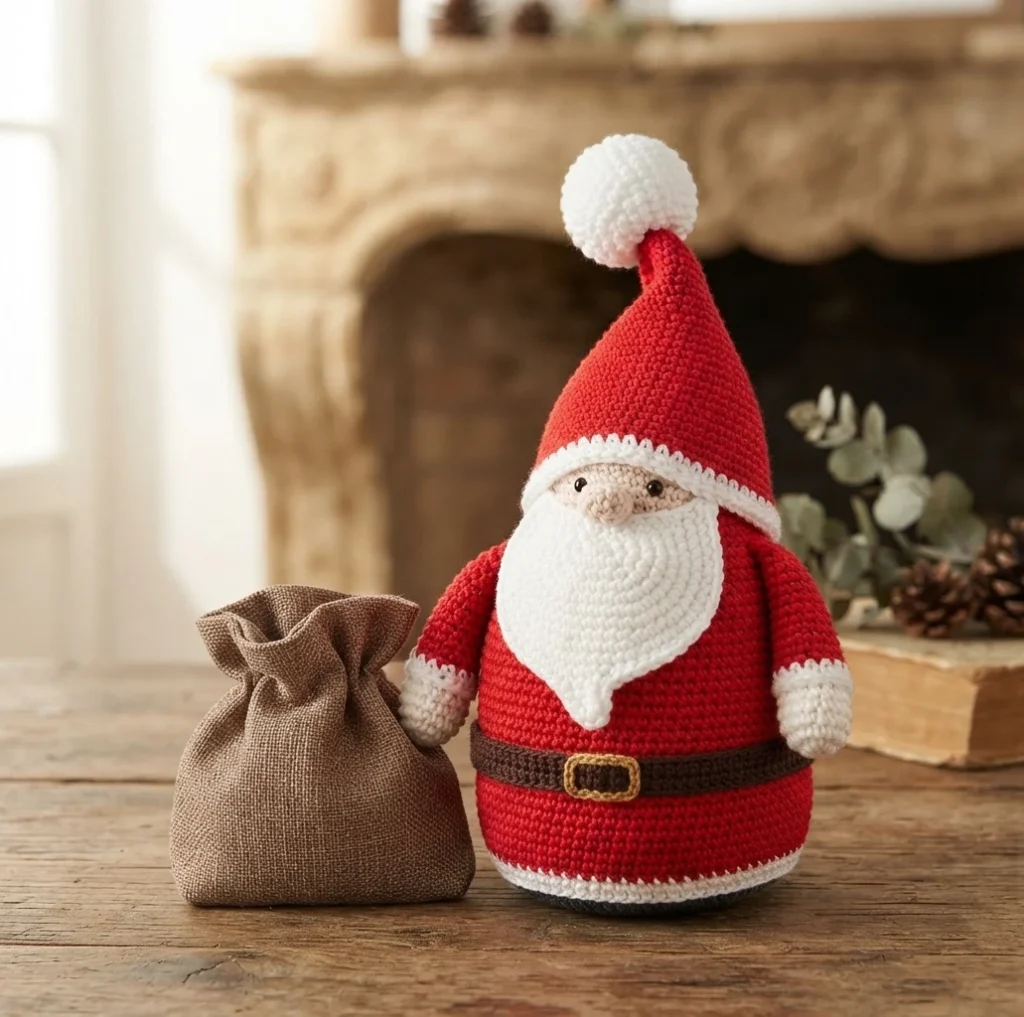 A crocheted Santa with a white beard, red suit and hat, standing beside a brown drawstring sack.