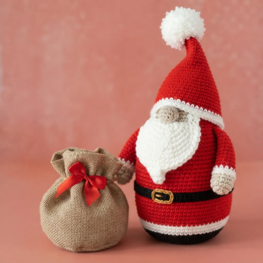 A red-and-white crocheted Santa with a white beard, black belt and gold buckle stands beside a tan gift sack tied with a red bow.