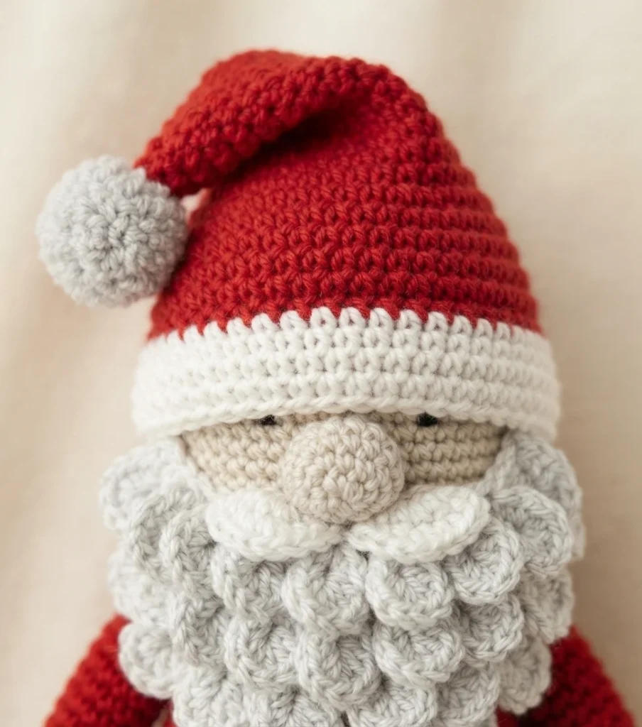 Close-up of a crocheted Santa figure wearing a red hat with white trim and pompom, with a beige nose, white moustache and textured gray beard.