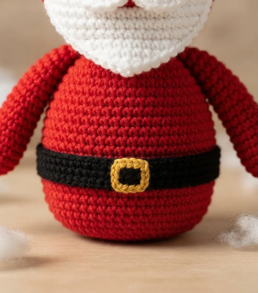 Close-up of a crocheted Santa figure showing a white beard, red body and arms, and a black belt with a yellow buckle.