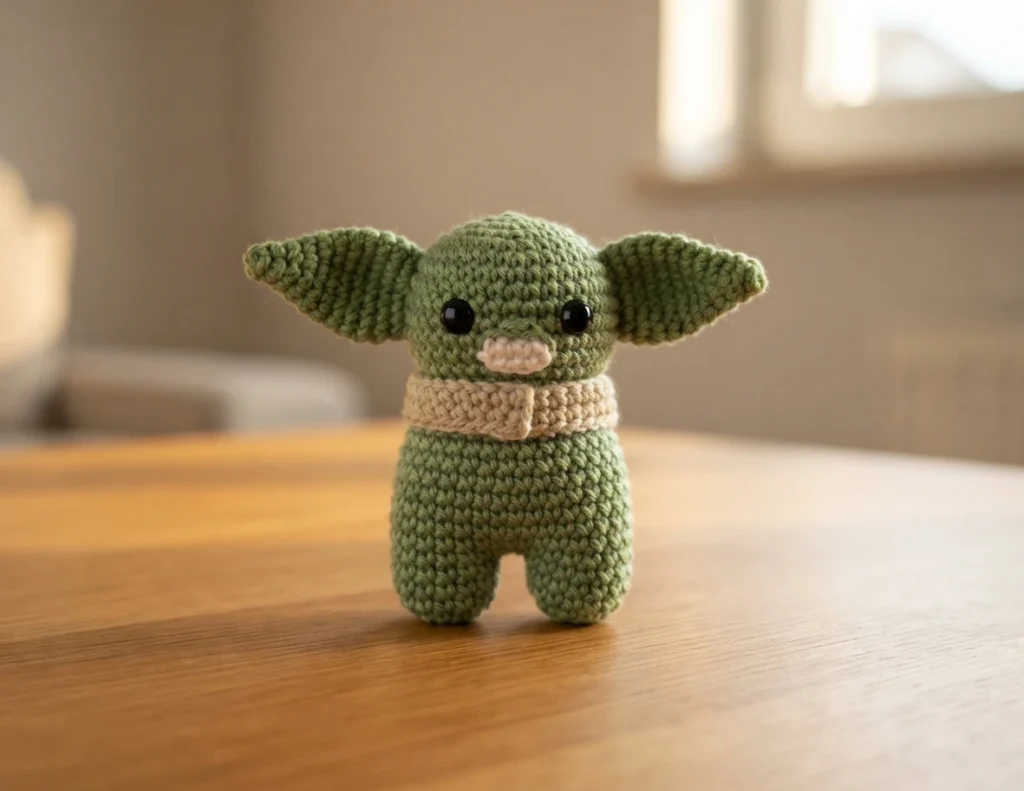 Green crocheted Baby Yoda Among Us crewmate amigurumi with large ears standing upright on a wooden table.