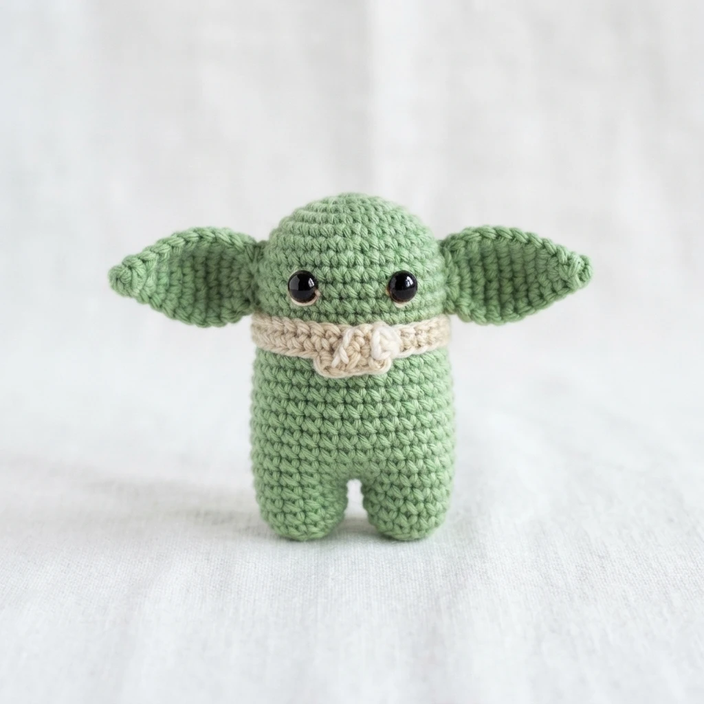 Crocheted green Baby Yoda Among Us crewmate with large pointed ears, black safety eyes and a beige tied collar, standing on white fabric.