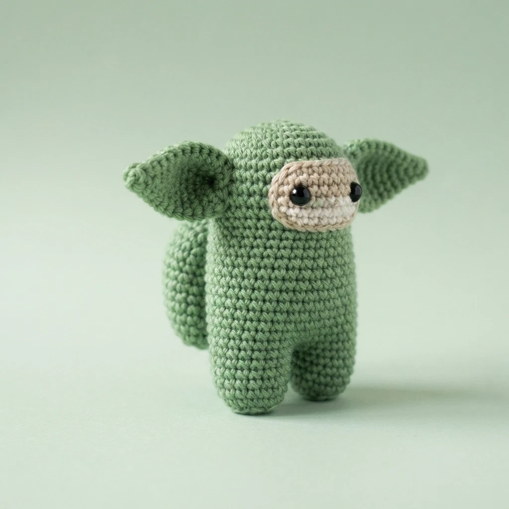 Green crocheted Baby Yoda Among Us crewmate with large ears, cream face panel and black safety eyes