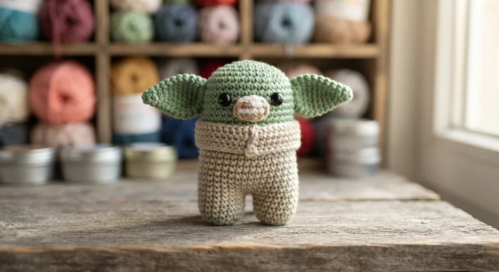 Crocheted green amigurumi with large pointed ears and a beige rounded body, standing on a wooden table in front of shelves of yarn.