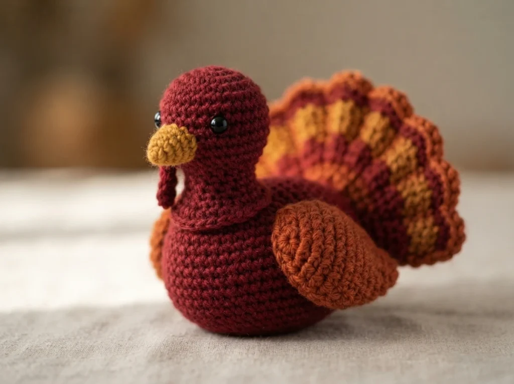 Crocheted amigurumi turkey with a dark red head and body, yellow beak, red wattle, black safety eyes, orange wing and a striped fan tail in orange, yellow and red, sitting on a light fabric surface.