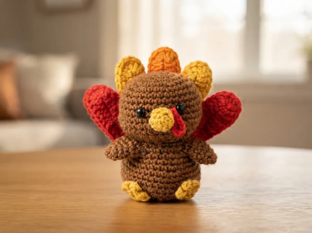Crocheted brown turkey amigurumi with red wings, a yellow beak, a red wattle, black safety eyes, and yellow and orange tail feathers, sitting on a wooden table with a softly blurred room behind it.