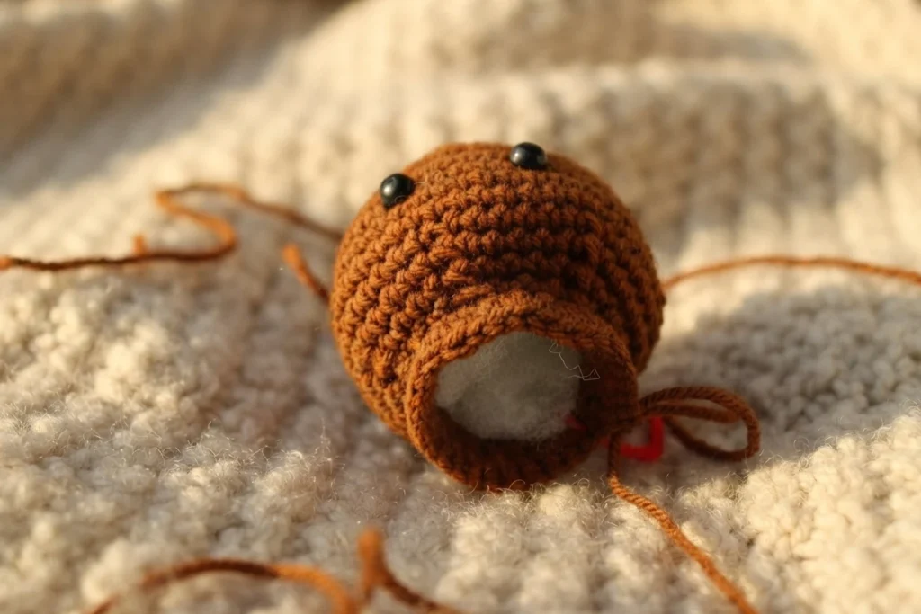 Brown crocheted amigurumi turkey head with two black safety eyes, open at the bottom with white stuffing showing, resting on a cream textured blanket with loose brown and red yarn tails.