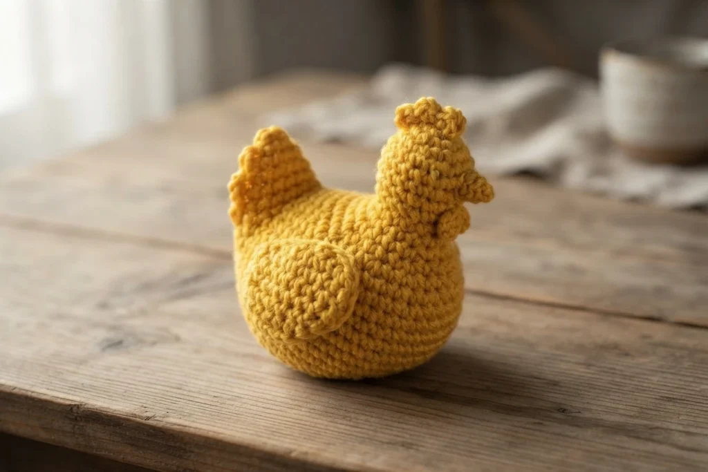 Yellow crocheted amigurumi bird with a scalloped comb, small beak and layered tail, resting on a wooden table with a blurred bowl and cloth behind it