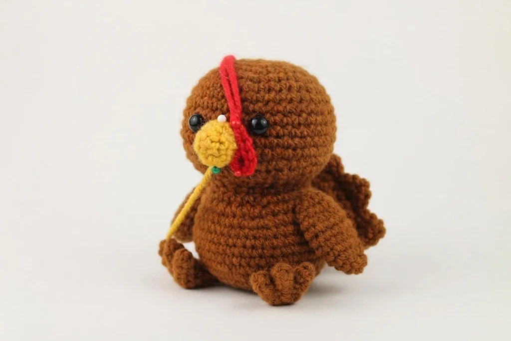 Crocheted brown turkey amigurumi sitting on a plain white background, with black safety eyes, a yellow beak, a red wattle over the head, small brown wings, feet and a tail, and loose yellow and red yarn ends hanging near the beak.