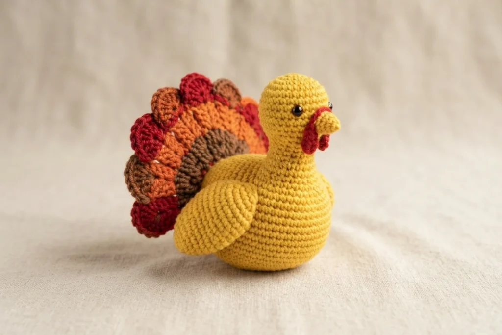 Crocheted turkey amigurumi with a yellow body, small black eyes, a red beak and wattle, and a fan of red, orange and brown tail feathers, sitting on light beige fabric.