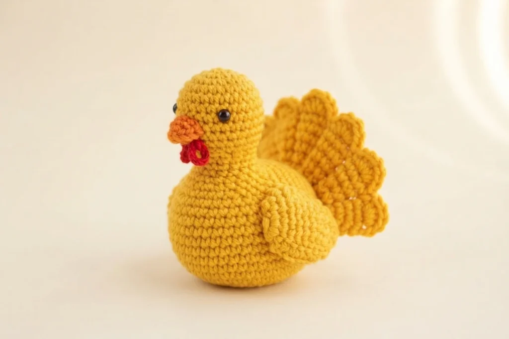 Crocheted yellow amigurumi bird with dark safety eyes, a small orange beak, a red wattle, a rounded body and a fan of yellow tail feathers, sitting on a plain cream background.