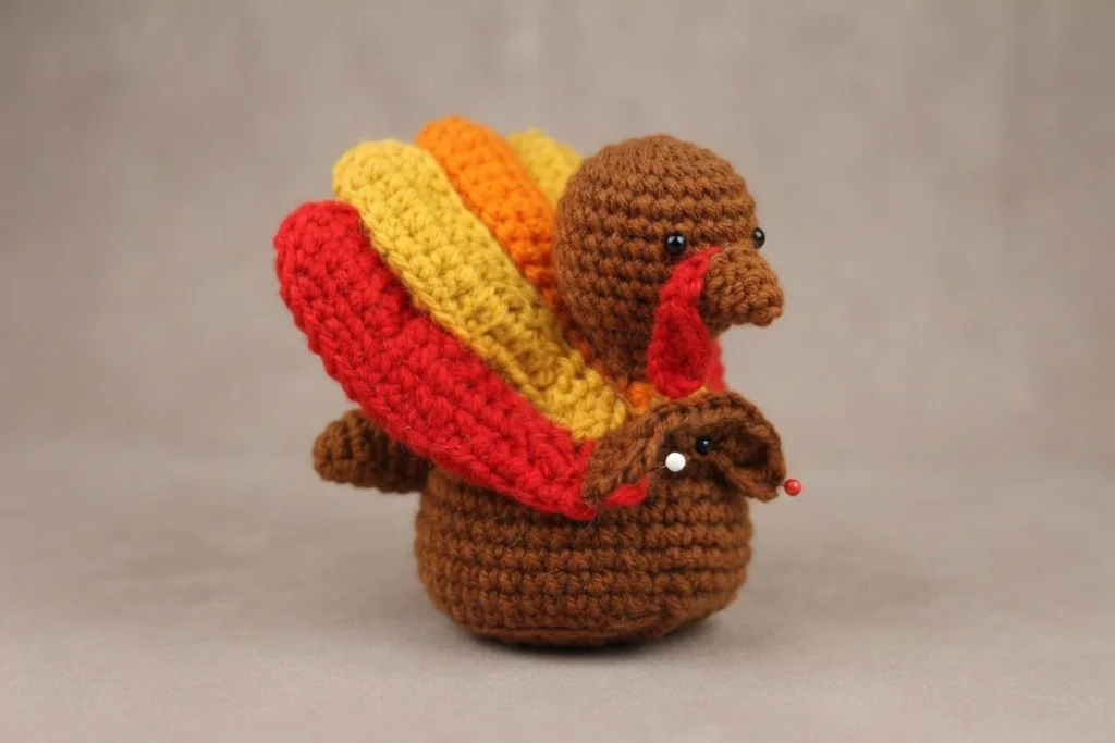 Crocheted brown turkey amigurumi seen from the side, with layered red, yellow and orange tail feathers, black bead eyes, a red wattle and a small pin with a white head and a red bead near its neck, standing on a plain gray surface.