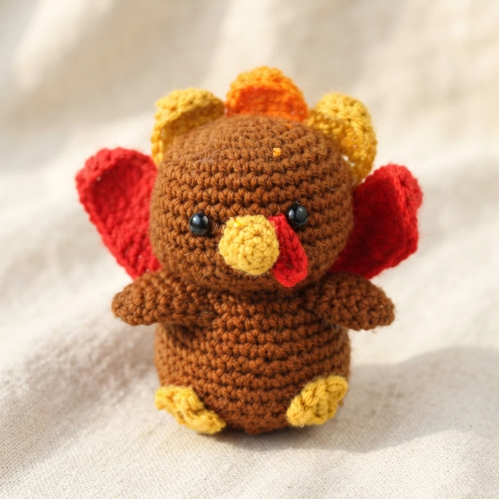 Crocheted brown turkey amigurumi with black safety eyes, a yellow beak and red wattle, red and yellow tail feathers fanned behind the head, small brown wings and yellow feet, photographed against a light background.