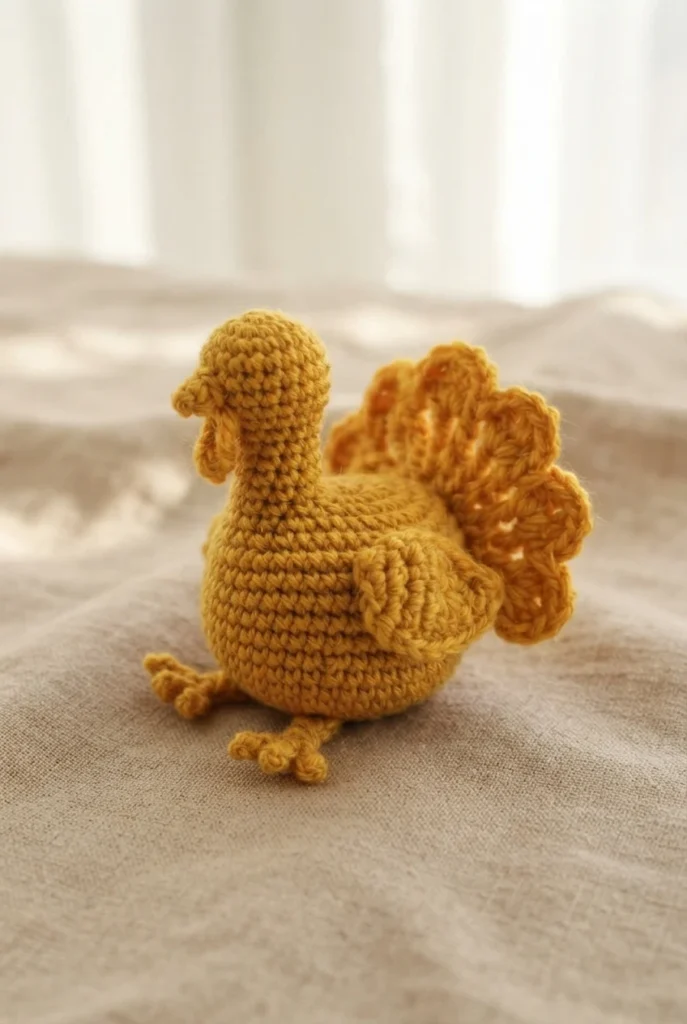 Crocheted turkey amigurumi in mustard yellow with a scalloped fan tail and small feet, sitting on beige fabric in front of a bright window.