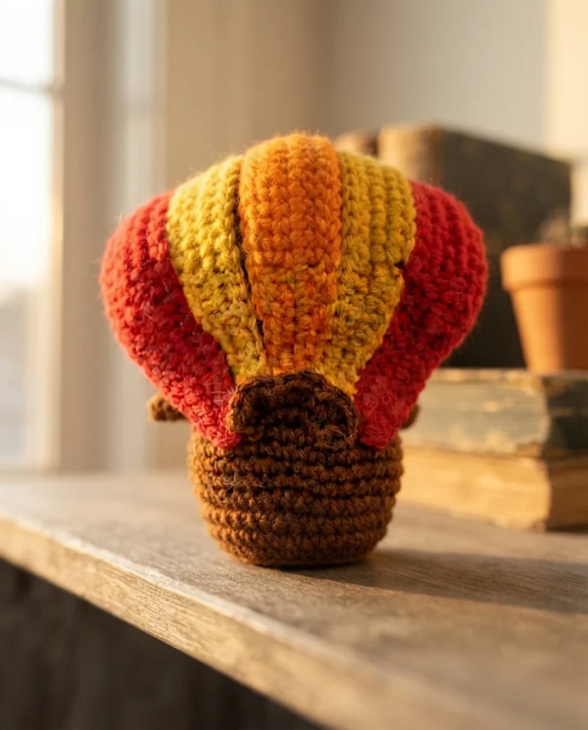 Back view of a crocheted turkey amigurumi with red, yellow and orange fan-shaped feathers, a brown body and tail, standing on a wooden table with books in the background.