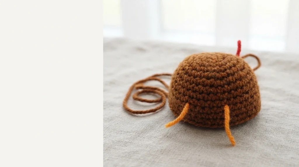 Brown crocheted dome-shaped piece for a turkey amigurumi with loose brown, red and orange yarn tails, one brown strand coiled beside it, resting on light beige fabric in front of a bright blurred window