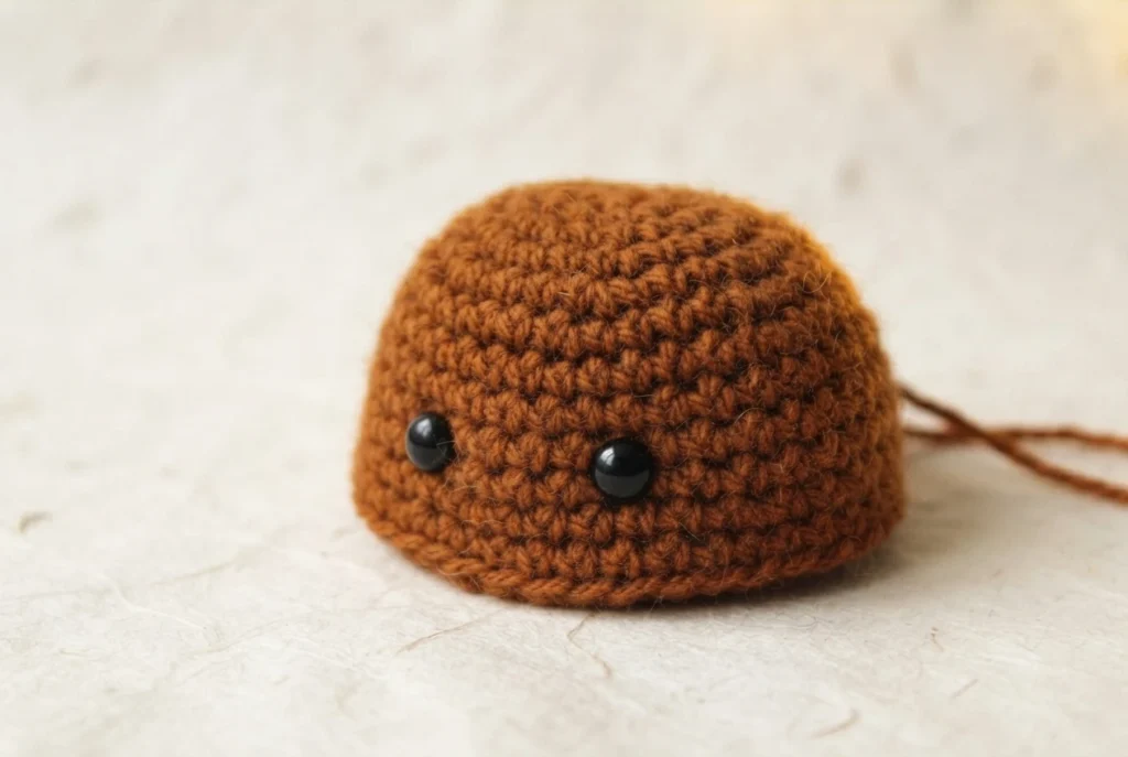 Brown crocheted turkey head and body piece with two black safety eyes, resting on a light textured surface with a loose yarn tail trailing to the right.