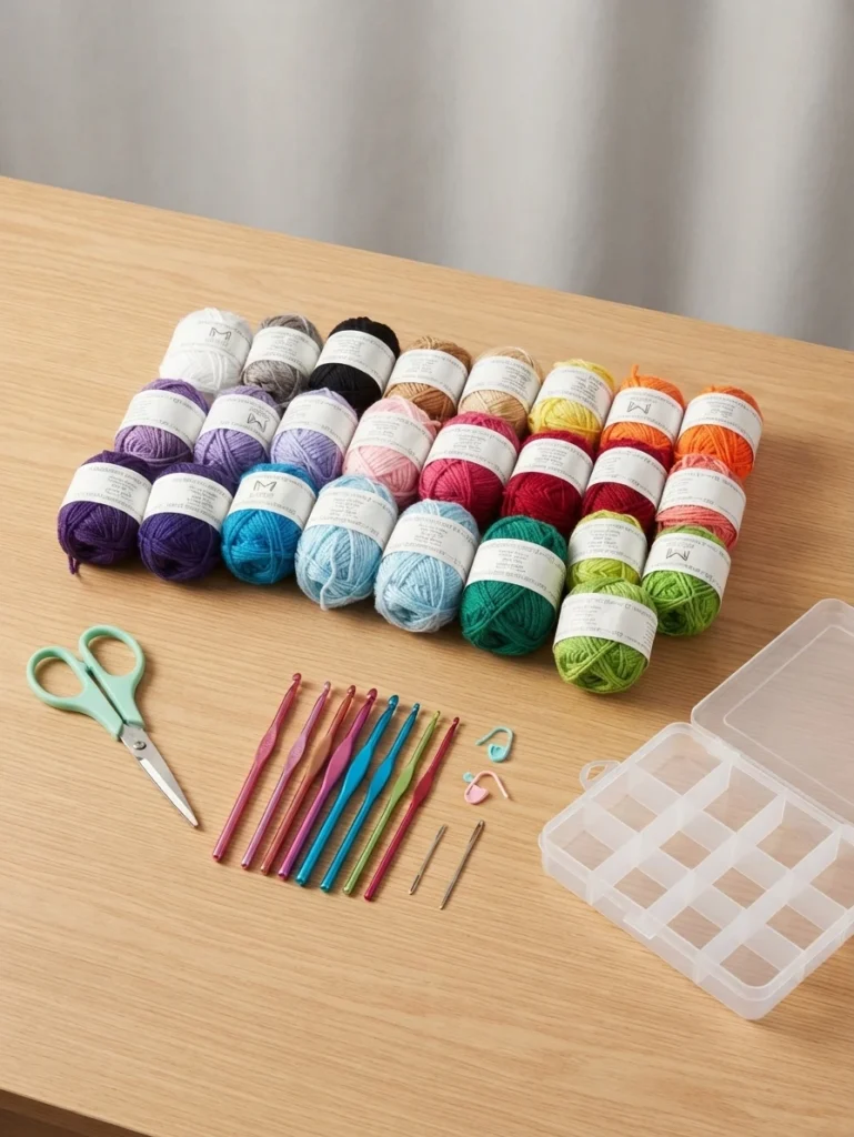 Colorful yarn skeins arranged on a table beside crochet hooks, scissors, markers, and a plastic organizer.