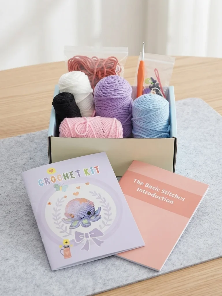 Open crochet kit with pastel yarn, a crochet hook, small accessories, and two instruction booklets featuring an octopus illustration.