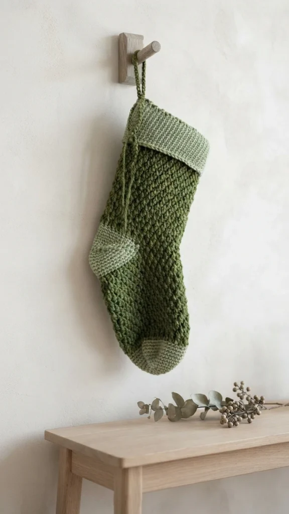 Green crocheted Christmas stocking with a light green cuff, heel and toe, hanging from a wooden wall hook.