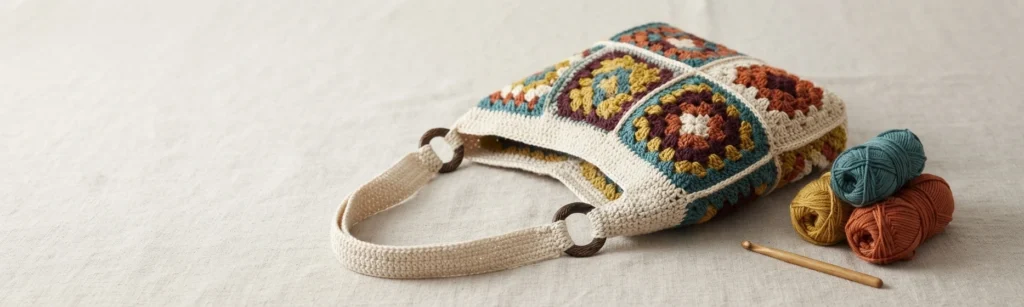 A crocheted granny square bag in cream, teal, mustard, rust and plum tones with a woven strap and wooden rings, resting on light linen fabric beside three balls of yarn and a wooden crochet hook.
