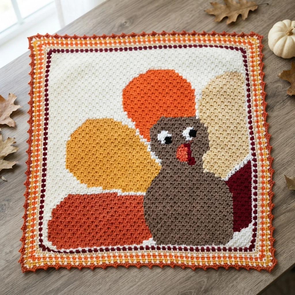 Crochet turkey blanket with a brown turkey and fanned tail feathers in orange, yellow, beige and maroon on an off white background, finished with an orange, red and white block stitch border and picot edging, laid on a wooden table with dri