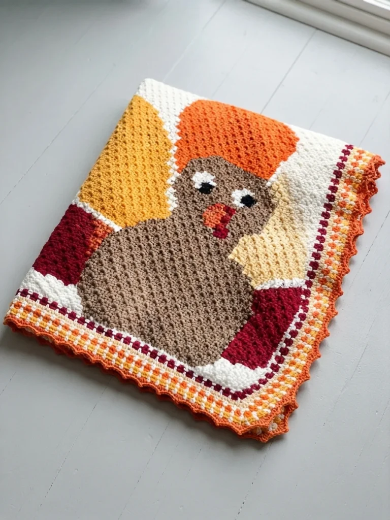Folded crochet corner to corner turkey blanket with a brown body, orange, yellow, cream and deep red tail feathers on a white background, finished with a scalloped striped border, resting on a white painted wood floor