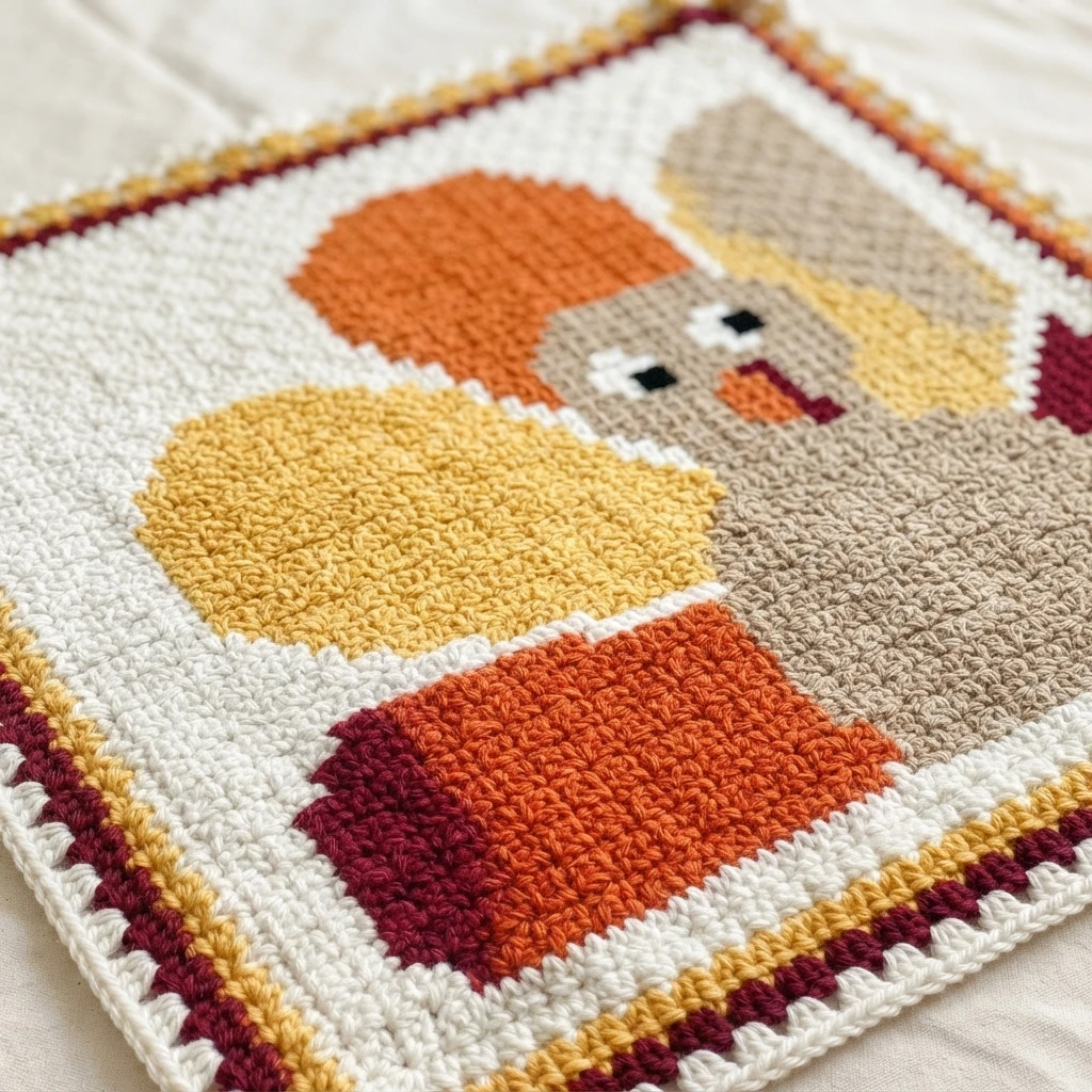 Crocheted corner to corner turkey blanket with a white background, a light brown turkey and a fan of orange, yellow, tan and dark red feathers, finished with a striped border and picot edging, shown at an angle on white fabric.