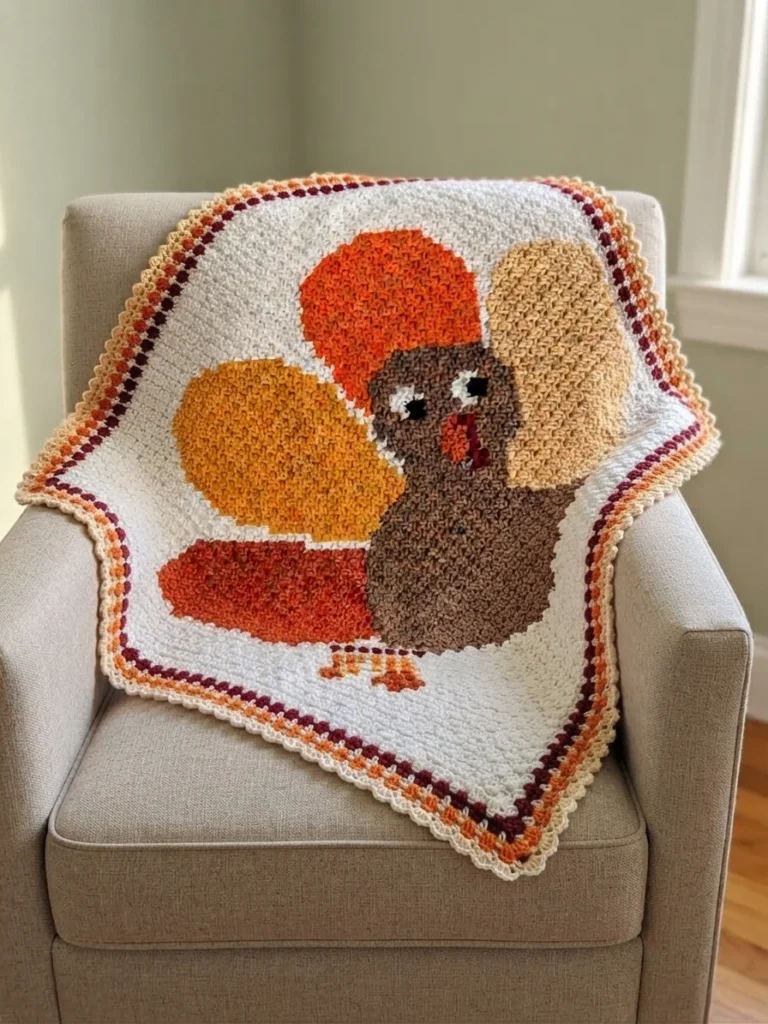 Crochet turkey blanket with a brown turkey body, black eyes, red beak and orange, gold, tan and red tail feathers on a white background, draped over a beige armchair, with a striped border and a scalloped orange edge.