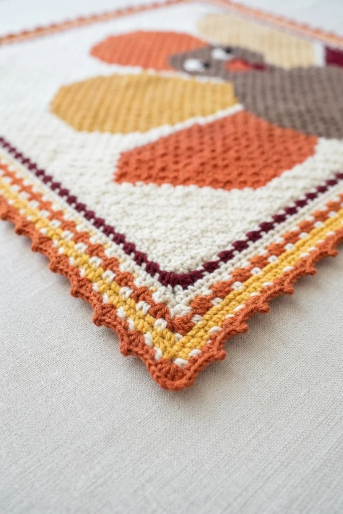 Angled close-up of the crocheted corner of a turkey C2C blanket, showing the layered border in orange, white, gold and deep maroon with picot edging, plus part of the brown turkey head and the orange, gold and tan tail feathers.