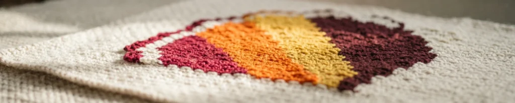 Close-up of crocheted colorwork fabric in cream, maroon, orange and yellow, photographed at a low angle with blurred edges and shallow depth of field