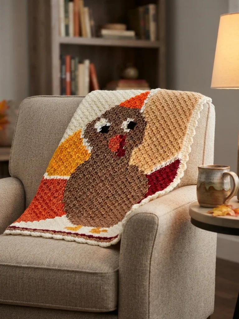 Crochet turkey blanket with a brown turkey body, black and white eyes and red wattle, surrounded by fan shaped tail feathers in orange, yellow, tan and maroon, draped over a beige armchair next to a lamp and a mug in a living room.