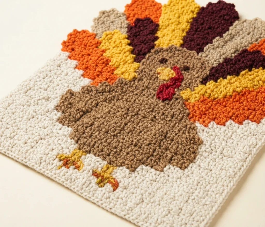 Crochet corner to corner square with a brown turkey at the center, tail feathers in orange, yellow, dark maroon and beige on an off-white background, photographed at an angle on a light surface.