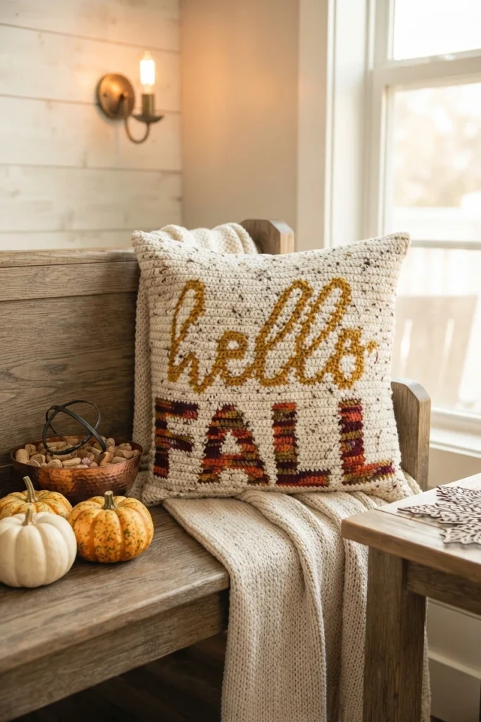 A cream crochet pillow with mustard script lettering and multicolored FALL letters rests on a wooden bench beside pumpkins and a bowl.