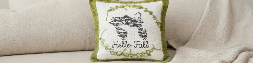 Finished white cushion with a green border, a dark pumpkin motif, green leafy details, and the words “Hello Fall.”